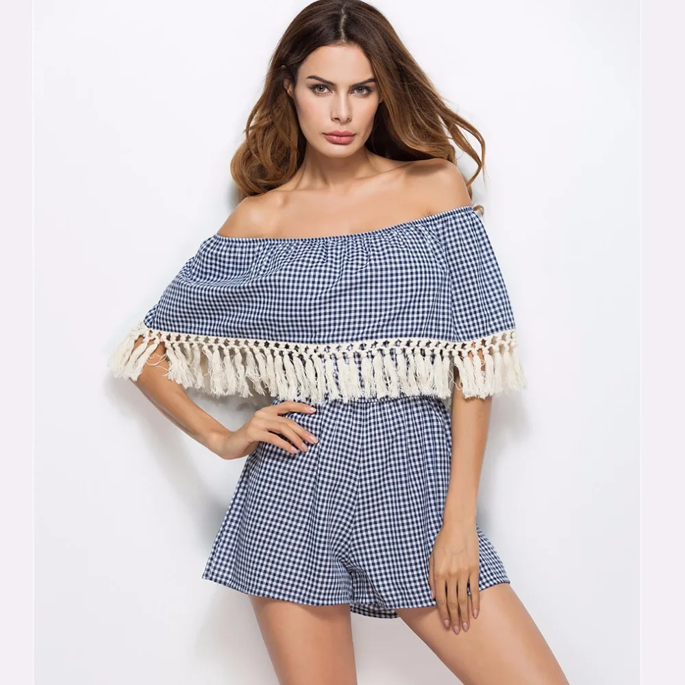 Idealark Sexy tassels plaid jumpsuit romper Women off the shoulder