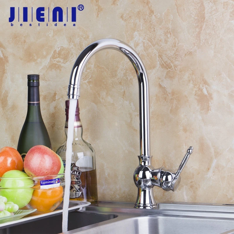 

JIENI Chrome Solid Brass Stream Spout Bathroom Basin Mixer Tap Single Hole Vessel Mixer Tap Swivel Spout Kitchen Sink Faucet