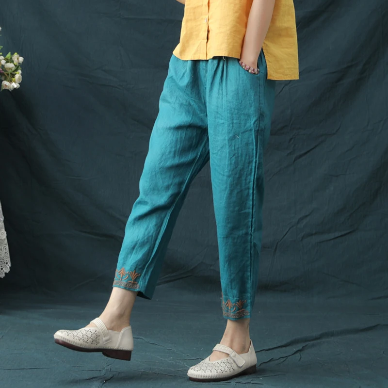 

Women Autumn Summer Vintage Harem Capris Pants Cotton Linen Elastic Waist Floral Embroidery Calf-Length Pants