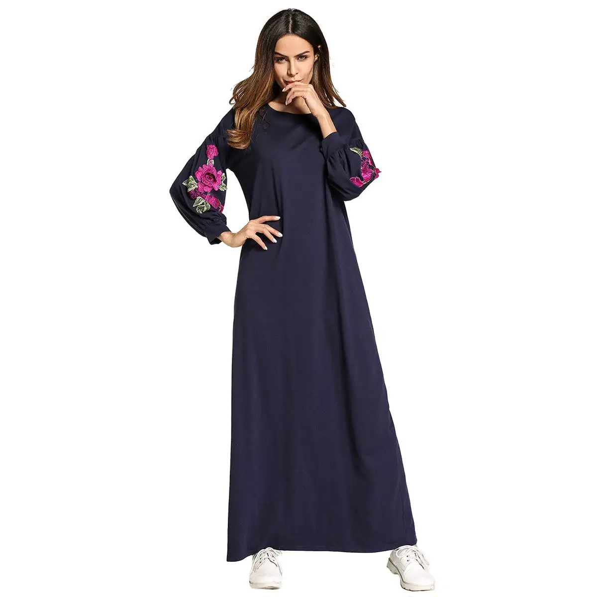 

DCOS Women Muslim Embroidery Applique Robes O-neck Long Dress Long Lantern Sleeve Islam Ramadan Middle East Maxi Dress