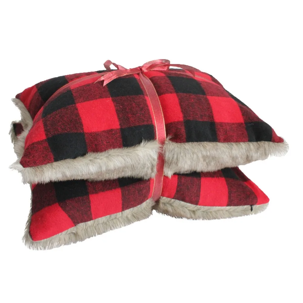 

Set of 2 pcs Buffalo Check Cushion with Faux Fur Backing Throw Pillow Case Home Decor Cushion Case High Quality