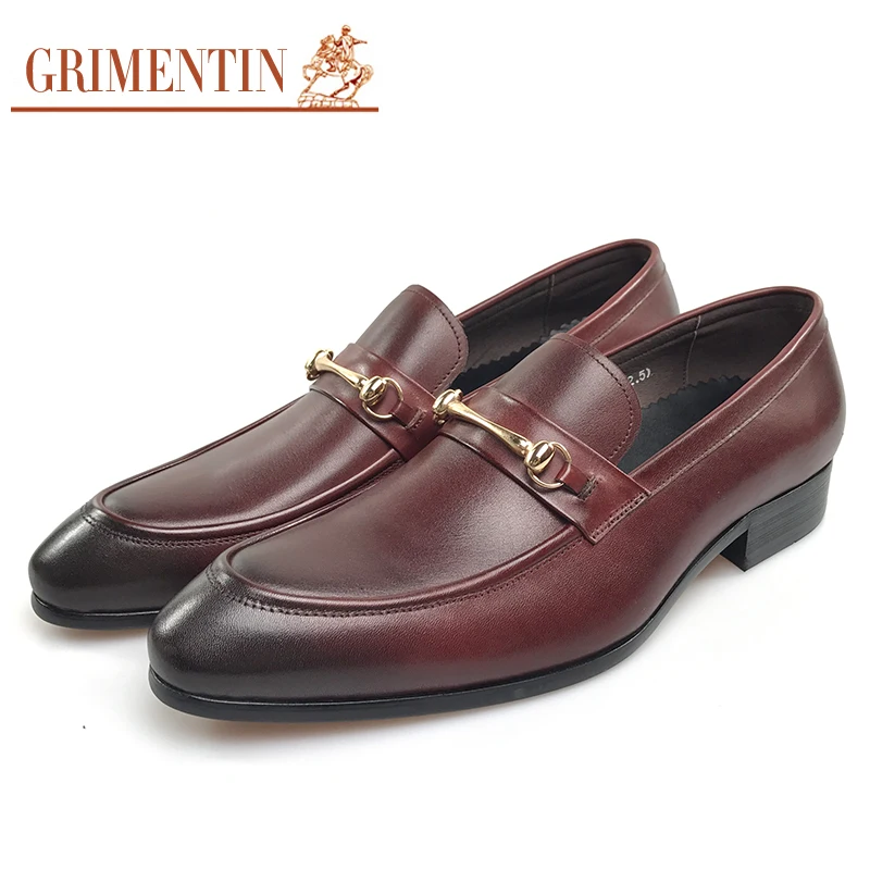 

GRIMENTIN Men Leather Shoes Slip On Italian Deisigner Adult Men Dress Shoes Burgundy Pointed Toe Formal Shoes E1