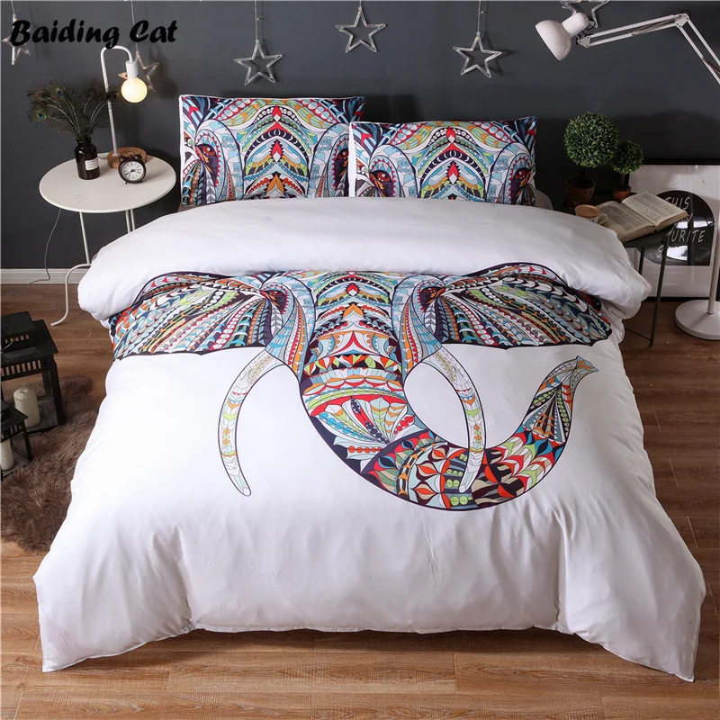 

Multi Color Elephant Head on White Printed Bedding Set Bohemian Plain Bed Linen Duvet Cover Set with Pillowcases Free Shipping