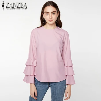 

ZANZEA 6 Colors 2020 Women Blouses Shirt Elegant Ladies O Neck Long Flare Sleeve Flouncing Blusas Casual Loose Pullover Tops