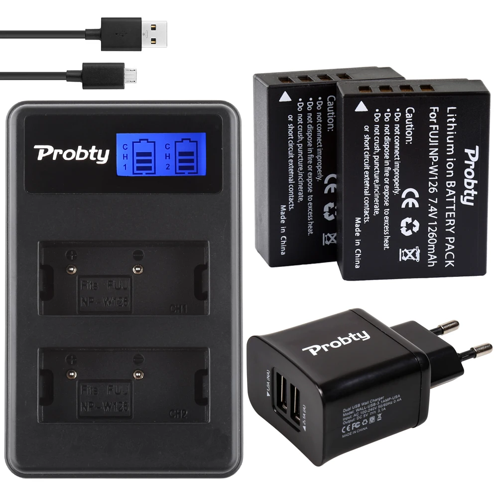 Зарядное устройство PROBTY 2 шт для аккумулятора W126 с ЖК дисплеем и USB портами|np w126|np