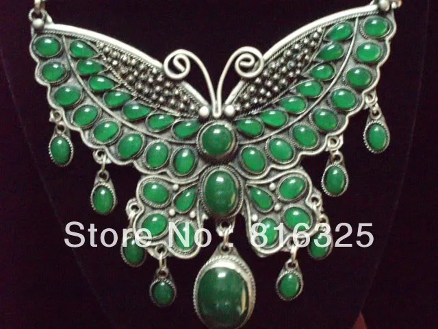 

FREE SHIPPING>>Antique chinese old tibet-silver inlay green Jade beads Butterfly Necklace
