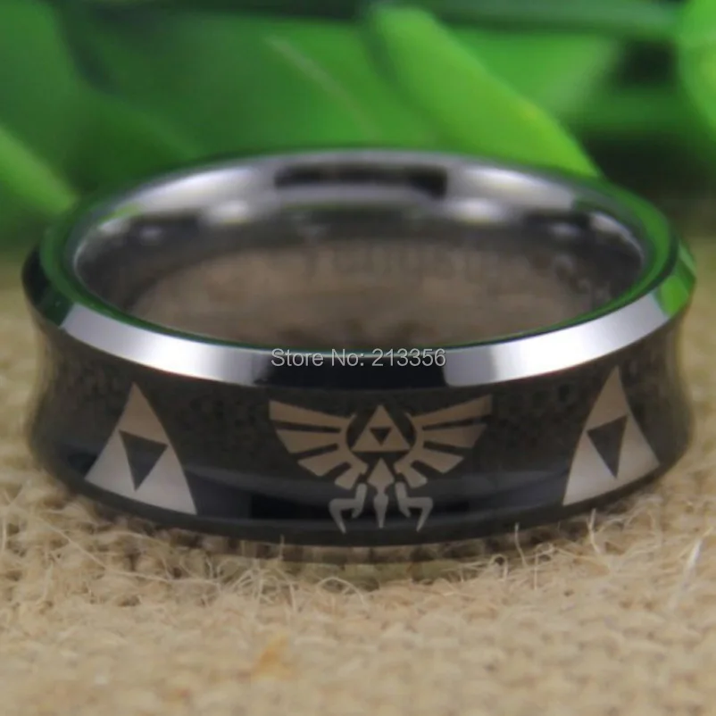 

Free Shipping & Engraving 2015 Wholesale Price 8MM Legend of Zelda Concave Black Tungsten Carbide Ring For Wedding Band Ring