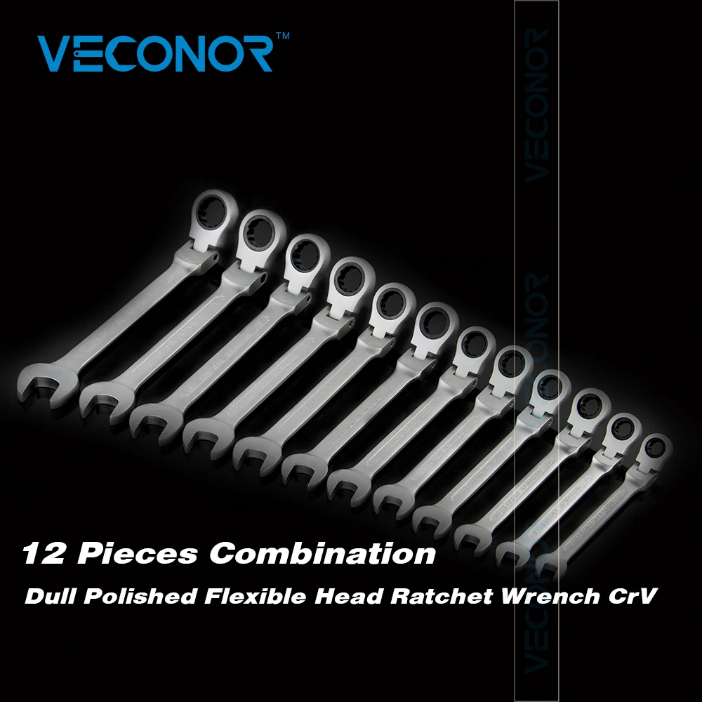 Veconor 8 9 10 11 12 13 14 15 16 17 18 19mm Flexible Head Ratchet Gears Wrench Set Open End Spanners Repair Tools Dull Polished