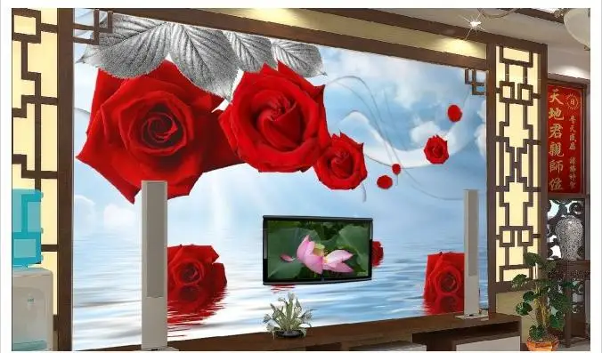 

3d wallpaper 3d tv wall paper 3 d TV 3 d home Indoor rose reflection TV setting wall picture wallpaper
