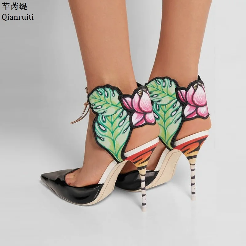 

Qianruiti Patent Leather Lace-Up Women Sandals Sexy Pointed Toe High Heels Women Shoes Ankle Strap Stiletto Heels Women Pumps