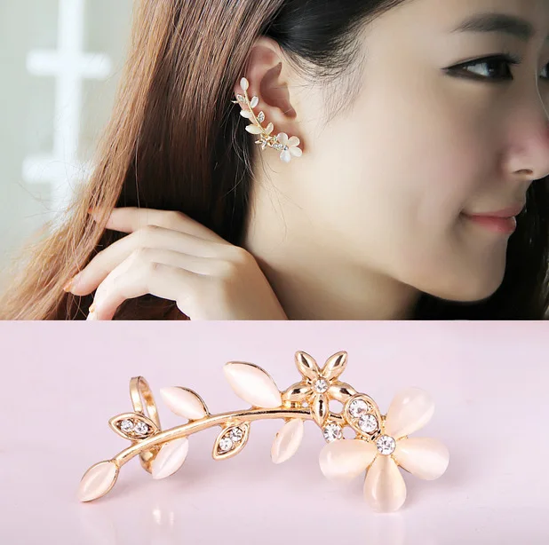 

Suumer Fashion Left Ear Gold Color Cuff Flower Opal Earrings For Women Clip On Earrings No Pierced Ears Crystal Jewelry