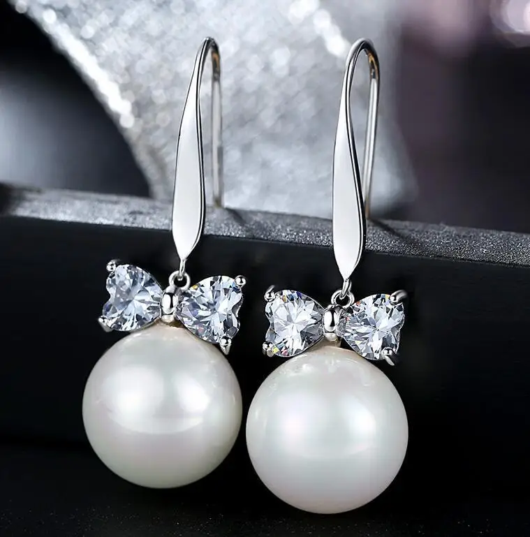 

Pearl Luxury Zircon Earrings For Women Fashion Jewelry 2018 Gold And Silver 925 Chain Shinning Birthday Gifts Bow knot Earrings