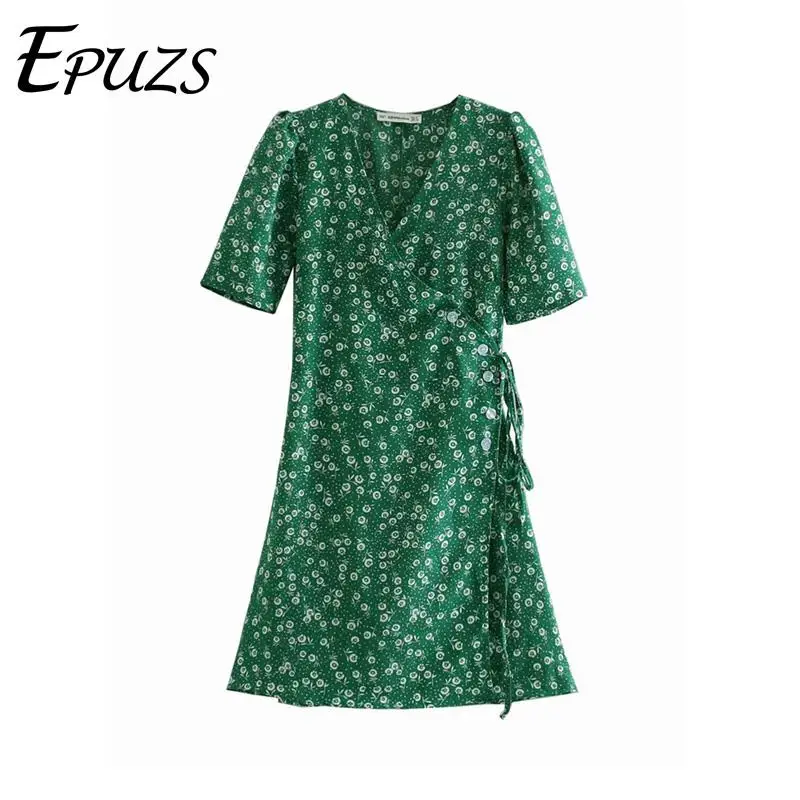 

Summer dress 2019 Vintage green floral wrap dress elegant short sleeve v neck mini dress korean casual beach bohemian vestidos