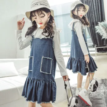 

denim dress +long sleeve white t-shirt 2 pieces girls clothing sets teenage autumn
