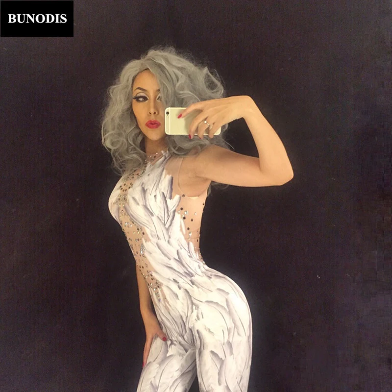 ZD002 комбинезон с 3D рисунком Белых Перьев боди для ночного клуба вечевечерние DJ DS