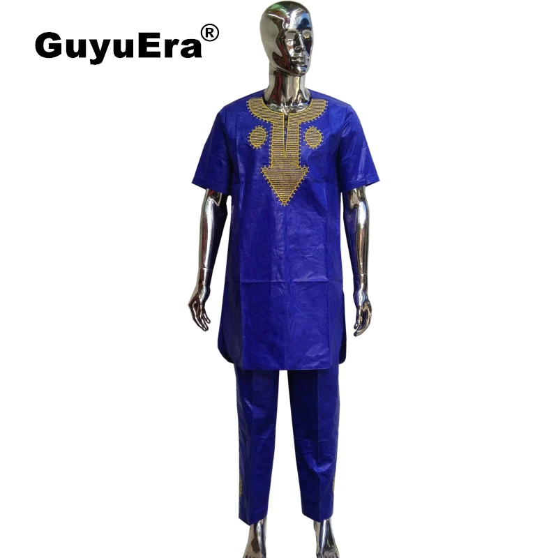 

GuyuEra African Men's Dashiki Cotton100% Bazin Traditional Craft Embroidery Short Sleeve Shirt Trousers Two-piece Suit L-3XL