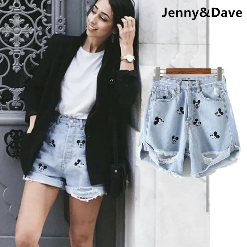 

Jenny&Dave new denim shorts women harajuku fashion blogger hole mouse embroidery mom high waist shorts feminino plus size