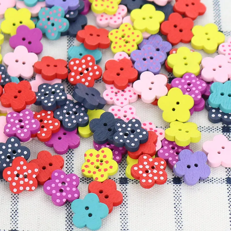 

50Pcs DIY Wooden Buttons Flower Shape Colorful Mixed Dot Printing Button for Baby Clothing Sewing Handmade Craft Accessories