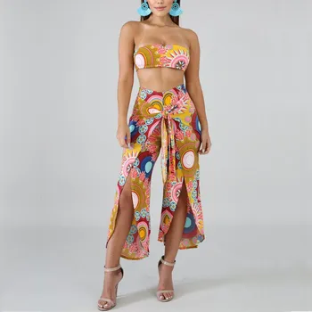 

Sexy Strapless Boho Lace Up Women Set Wide Leg Split Pants Summer Set Holiday Beach Overalls