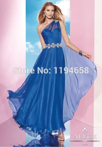 Charming 2016 Blue One Shoulder Beaded Prom Dresses Long Sexy Backless Chiffon Formal Evening Gowns | Свадьбы и торжества