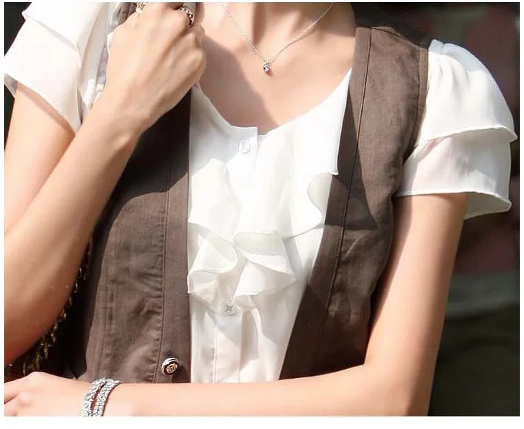 5XL размера плюс, новые летние женские модные шифоновые однотонные белые топы с коротким рукавом и оборками, повседневные летние блузки, рубашки