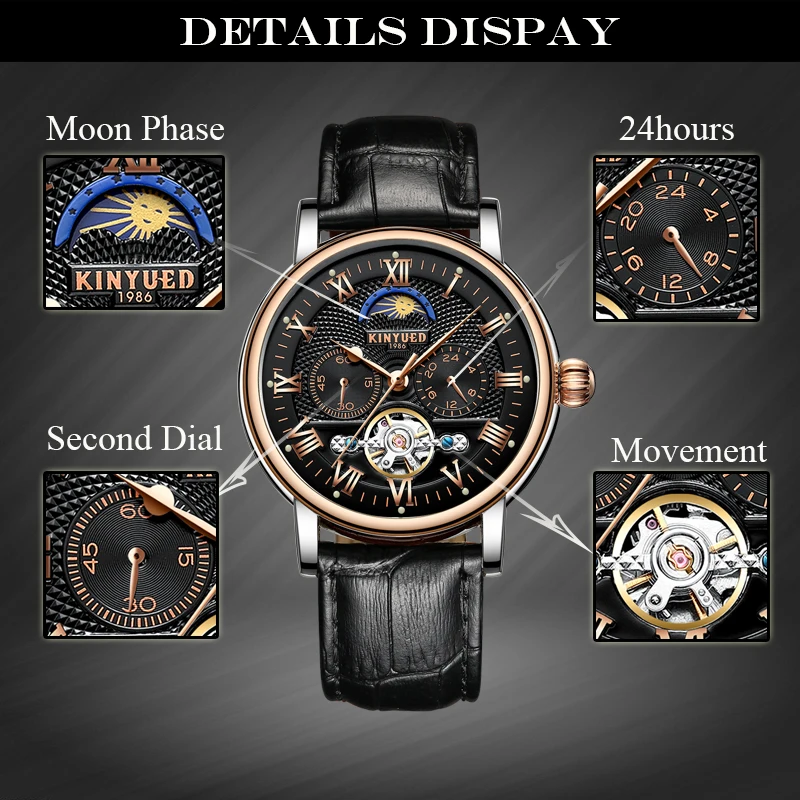 KINYUED Chronograph Automatic Watch Men Moon Phase Mechanical Skeleton Flying Tourbillon Watches montre homme erkek kol saati