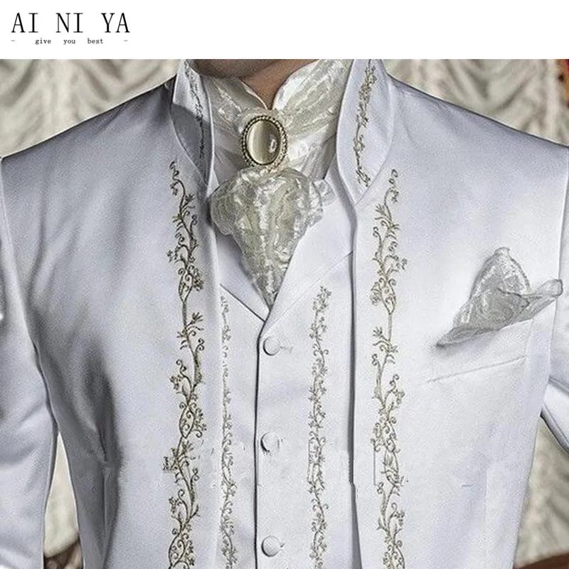 Men's suit custom size coat + pants + vest, MENS WHITE TAILCOAT EMBROIDERY MORNING SUIT TAILS JACKET HIGH QUALITY