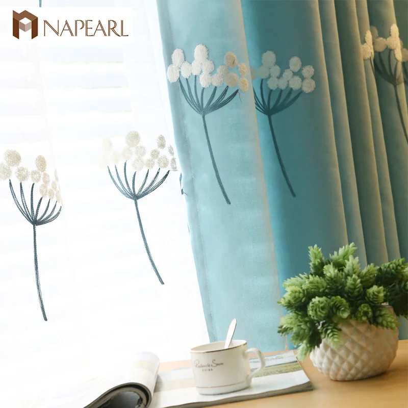 

NAPEARL Embroidered curtains kid room girl bedroom blue pink curtain drape floral design short window for bedroom kid curtain