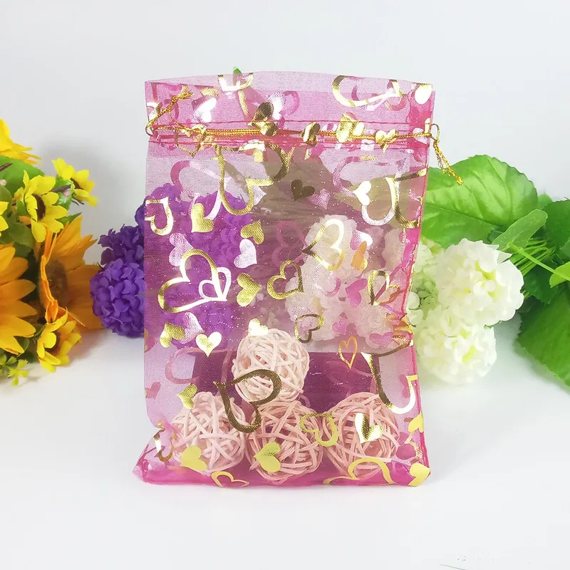 100pcs 7x9CM bronzing heart shaped organza bag jewelry bag wedding party decora drawer bag gift ...