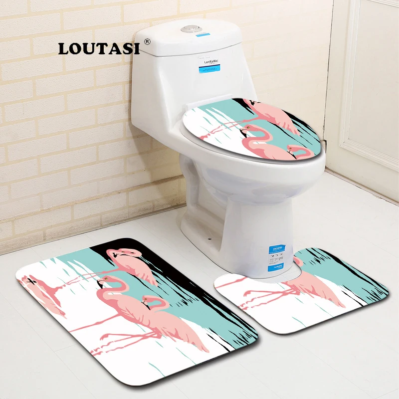 LOUTASI 3 шт. водопоглощающие противоскользящие банные Половики коврики для ванной с принтом Фламинго коврик для унитаза крышка ковра крышка для унитаза декор для ванной комнаты