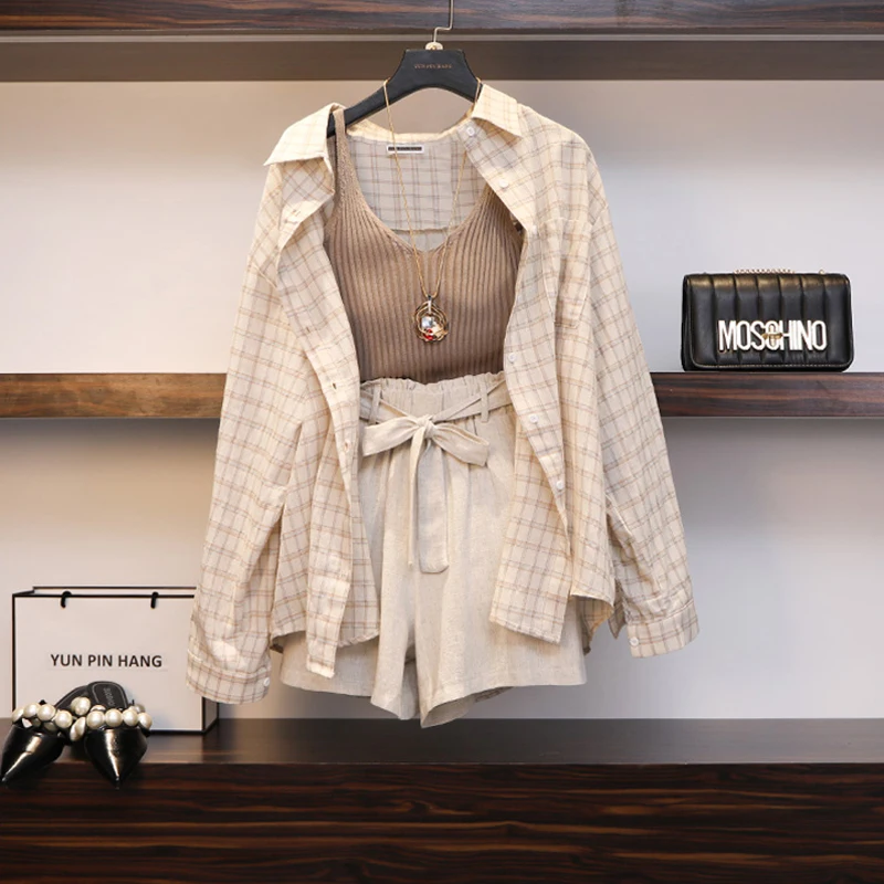 

Fannic Summer Women Three Piece Sets Casual Linen Plaid Tops + Shorts Elastic Waist Belt Wide Leg Pants Suit Set 3 Piece Set