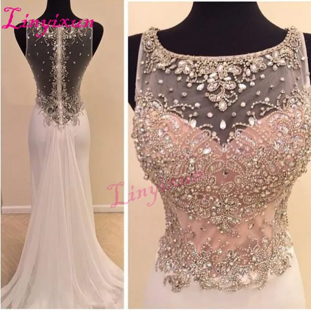 

Linyixun 2018 New Vestido de festa Bodice Crystal Beads Sparkly Prom Dress Sheer Illusion Sheath Long Formal Evening Dresses
