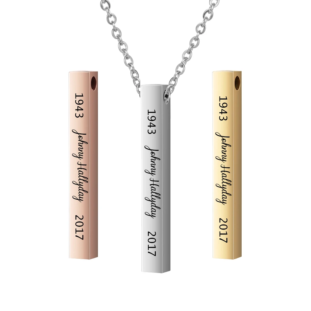 

French Johnny Hallyday Name Custom Personalized Vertical Bar Necklace Silver Engraved Date Name Pendant Necklace Gift SL-070