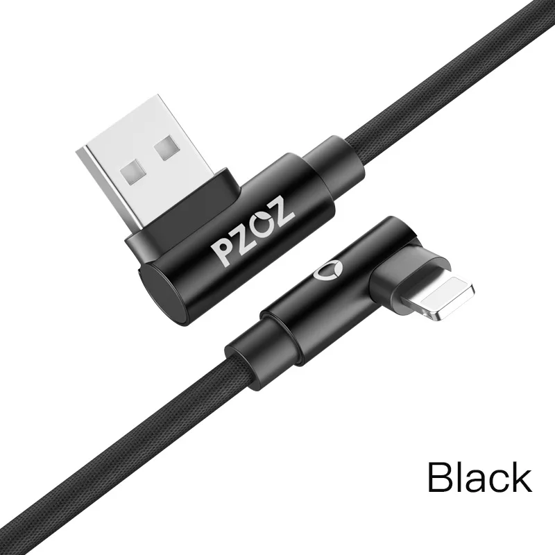 Black PZOZ Usb кабель 90 градусов для iphone зарядное устройство Шнур быстрой зарядки для iphone xs max 8 7 6s 6 s plus 5S 5 se кабель короткий провод - Цвет: Black
