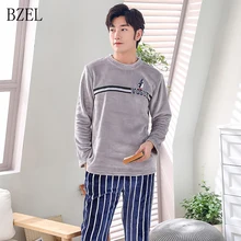 BZEL, Мужская Фланелевая Пижама, набор, Повседневная Домашняя одежда, зимняя, длинный рукав, круглый вырез, мультяшная, мужская пижама, пижама, Мужская пижама