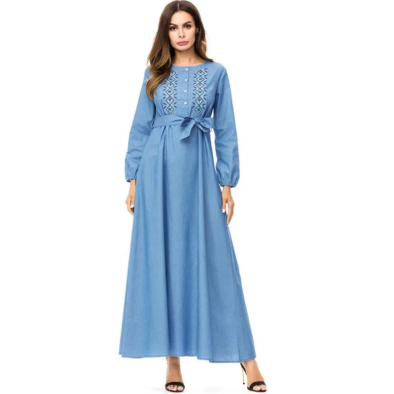 

Women Vintage Denim Muslim Abaya Ethnic Geometric Embroidery Oversized Dress With Belt Islamic Dubai Arabic Kaftan Robe D754