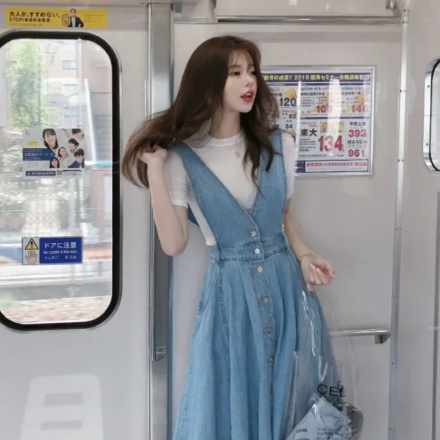 LISM корейское длинное ТРАПЕЦИЕВИДНОЕ женское джинсовое платье Vestido с глубоким v-образным вырезом на одной пуговице, джинсовые комбинезоны с высокой талией, летнее платье с открытой спиной