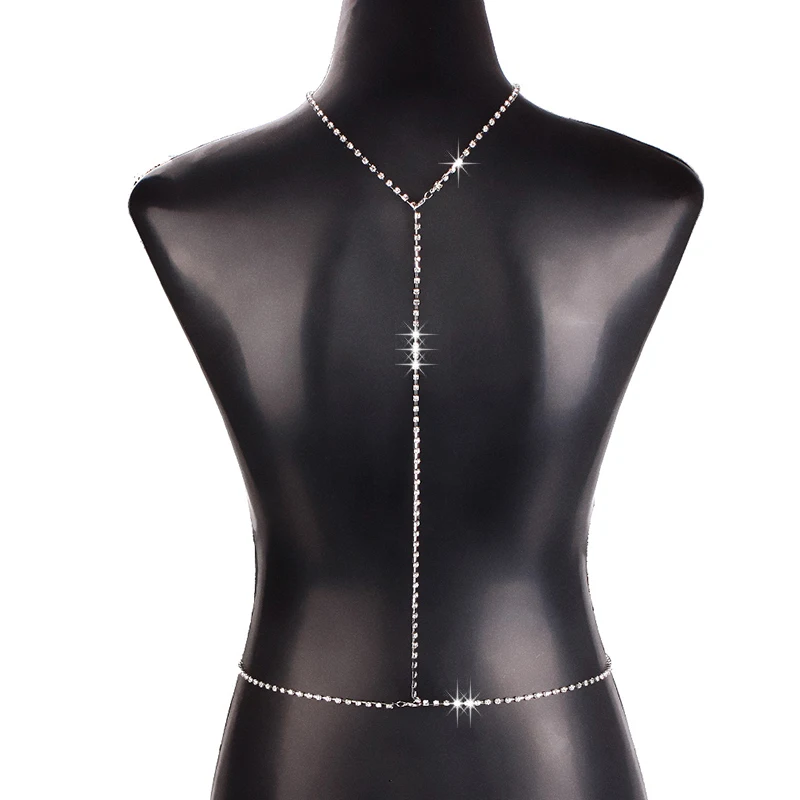 Модные женские серебряные блестящие хрустальные стразы, двойные цепочки спереди и сзади для тела для женщин, модные ювелирные изделия, ювелирные изделия для тела