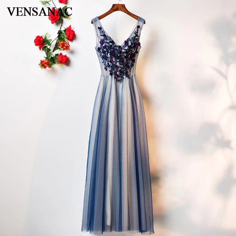 VENSANAC V Neck Flowers Appliques Long A Line Evening Dresses 2018 Elegant Lace Embroidery Tulle Party Prom Gowns VENSANAC V Neck Flowers Appliques Long A Line Evening Dresses 2018 Elegant Lace Embroidery Tulle Party Prom Gowns