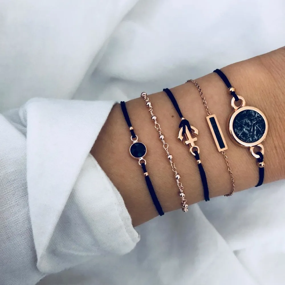 

5Pcs/Set New Fashion Black Stone Bracelet Rope Chain Anchor Set Braclet Women Party Braclet Clothing Accessories