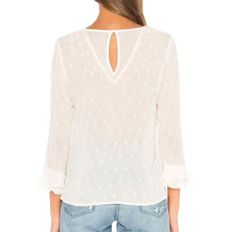 2019 Spring Summer Fashion Polka Dot Flower Lace Women Blouses Round Neck Back Button Female Shirts Casual Ladies Tops WE069 (3)