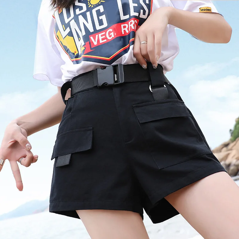 

High Waist Wide Leg Cargo Women Shorts With Belt Black Shorts Ladies Plus Size XXXL 2019 Summer BF Style Casual Clothes Female