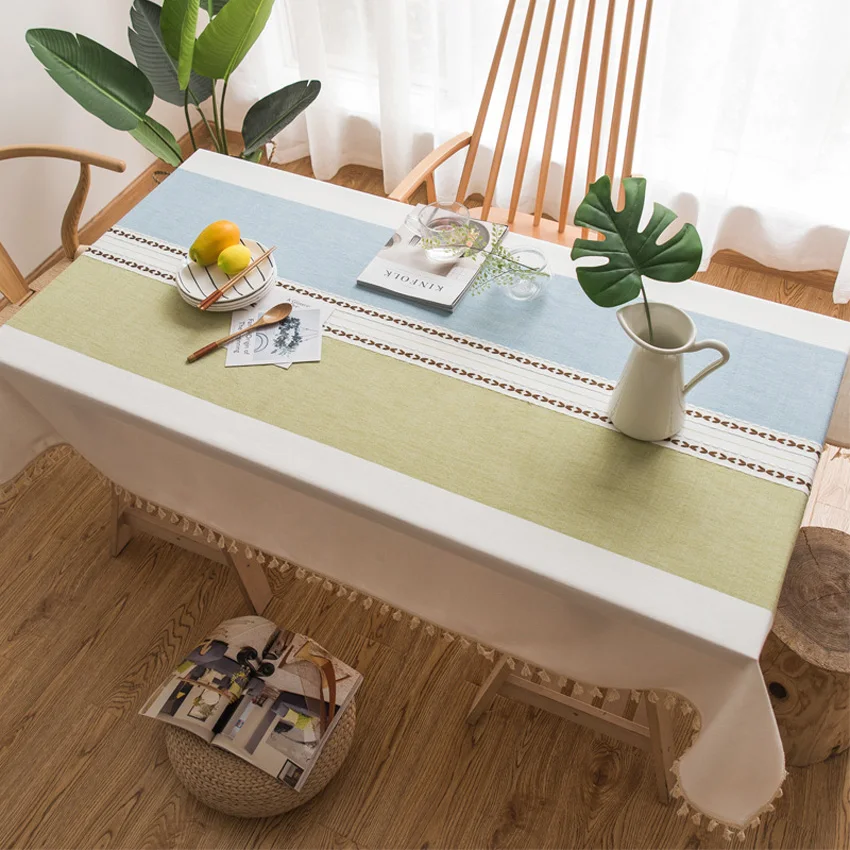 

Light Blue Green Table Cloth Cover Cotton Linen Tablecloth Coffee Table Home Decor Furniture Dustproof Cover With Tassels