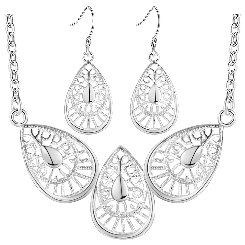 Women Bridal Jewelry Set Silver color Fashion Necklace and Drop Earring Cubic Zircon Wedding