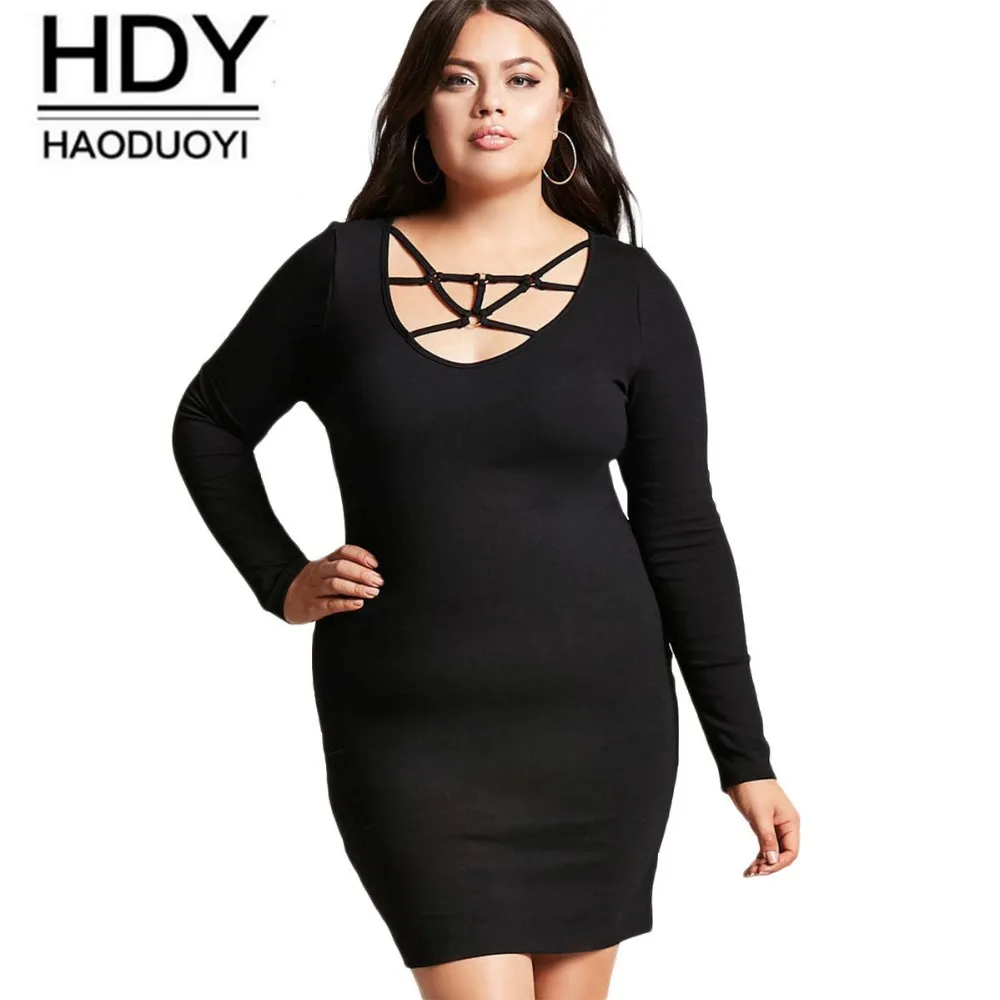 HDY Haoduoyi2018 Plus Size Sexy Hollow Out Women Dress Large Size Solid