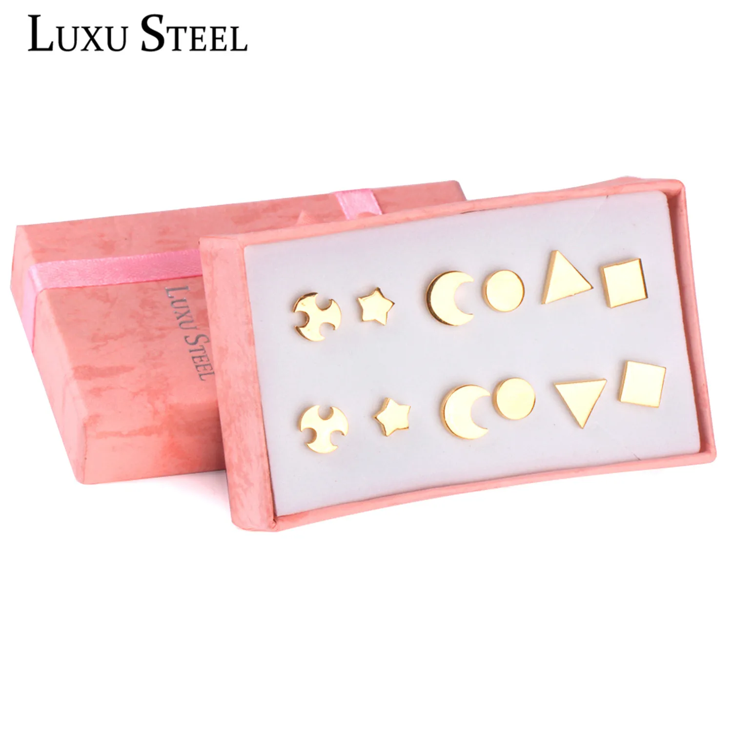 

LUXUSTEEL Kid Earring Sets Stainless Steel Anti-allergy Gold/Silver/Black Color 6pairs/Boxes Stud Earring Party GIft
