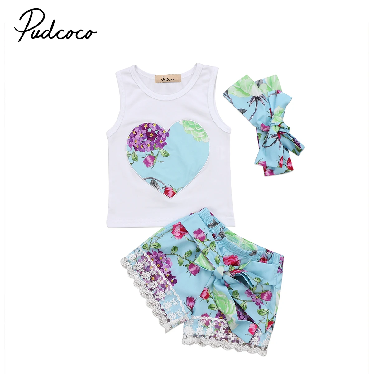 

Little Girls 3Pcs Floral Summer Clothing Set Toddler Baby Girl Clothes Floral Vest Tops +Lace Shorts Outfits Flower Set