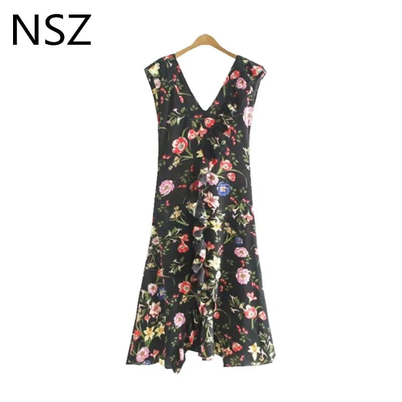 

NSZ Women Floral Print Summer Sleeveless Dress Deep v neck Ruffles High Split Long Tank Dress