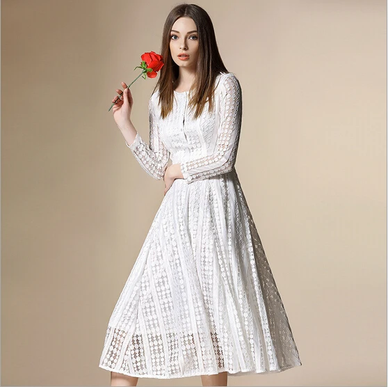 New Spring 2016 Sexy Black/White Lace Dress European Brand Long Sleeve Dot Long Maxi Women Dress Party Dresses With Sashes long-white-lace-dress