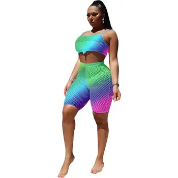 

2019 summer beach women set gauze grid see though tie dye print tank top skinny pants suit two piece set sporty tracksuit